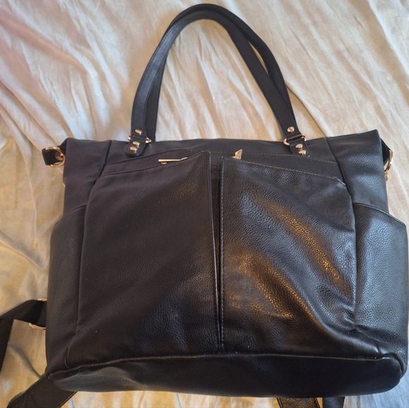 Mominside Black Leather Baby Diaper Bag Backpack, 14 Pockets & Changing Pad - Picture 8 of 16